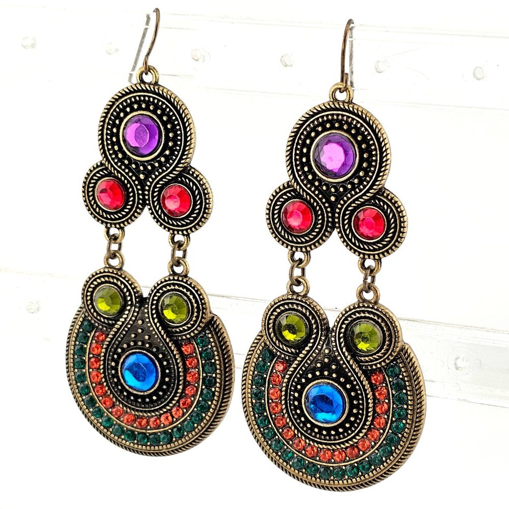 Boho Multicolor Rhinestone Drop Earrings Antique Gold Statement - Picture 3 of 7